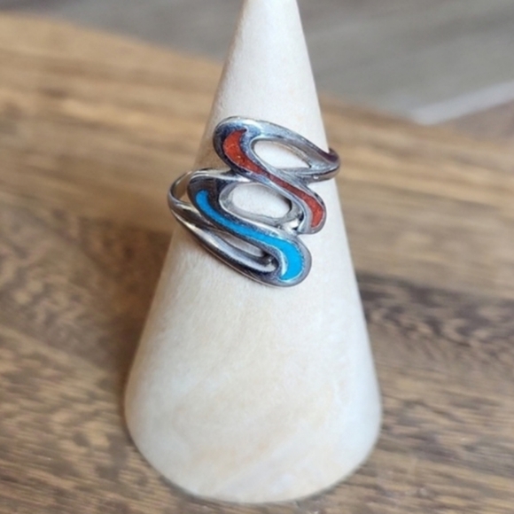 Unbranded Jewelry - Vintage Turquoise & Coral Inlay Silver Plated Ring, Size 6